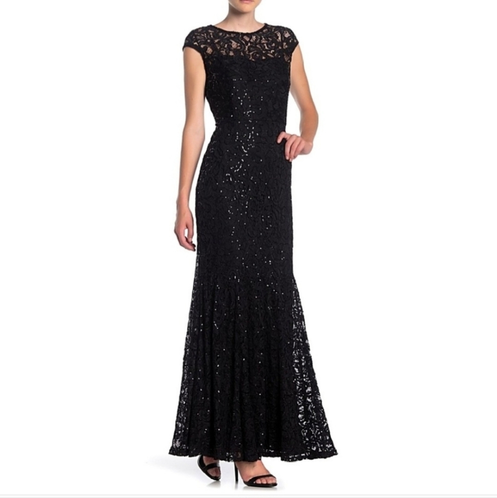 MARINA Sequin Lace Cap Sleeve Mermaid Black Gown Dress Womens Small